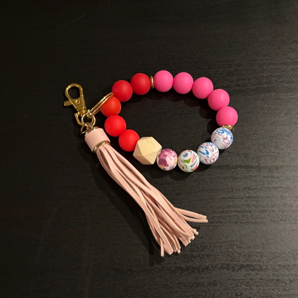 Pink and Red Beaded Keychain with Tassel